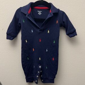 🌻Ralph Lauren Navy Baby Polo Romper with Multicolor Pony Embroidery